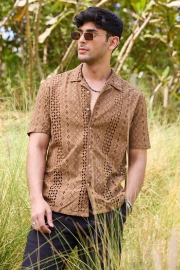 Intricate Schiffli Brown Oversized Shirt