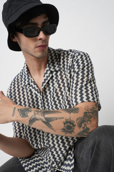 Navy & White Zig-Zag Oversized Crochet Shirt