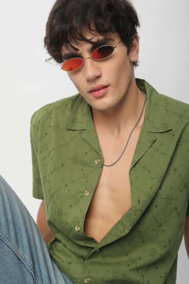 Intricate Olive Geometric Embroidered Oversized Shirt