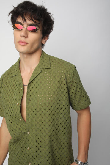 Olive Squarish Schiffli Oversized Shirt