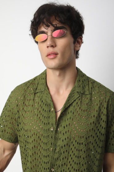 Olive Curved Schiffli Oversized Shirt