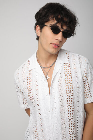 White Floral Schiffli Notch Collar Oversized Shirt