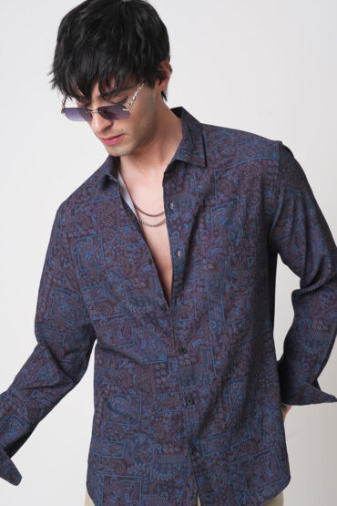 Navy Paisley Printed Creased Shirt