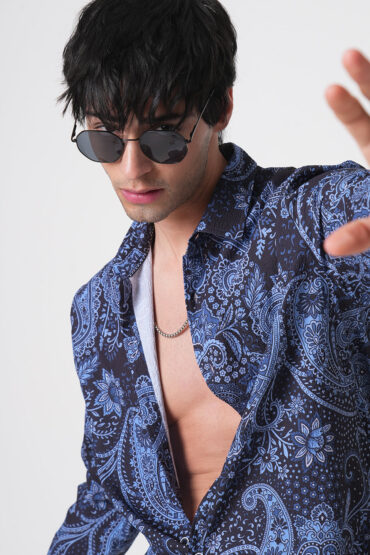 Navy Paisley Printed Creased Shirt