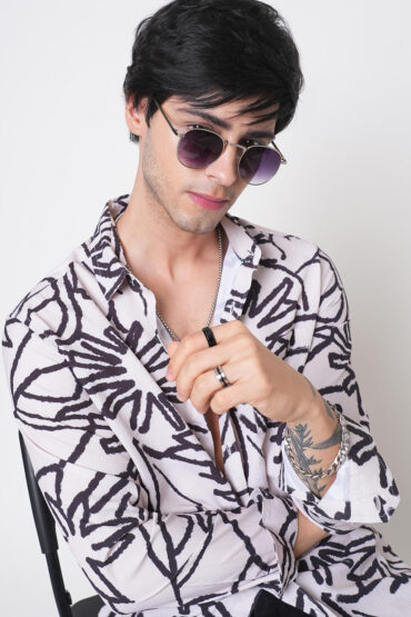 Cream & Black Abstract Printed Creased Shirt