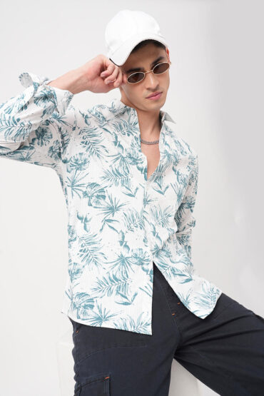 Exquisite White Hawaiian Printed Seersucker Shirt