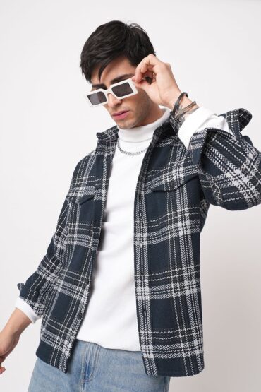 Navy Tweed Checks Double Flap Pocket Flannel Shirt