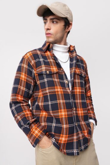 Orange & Navy Tweed Checks Double Flap Pocket Flannel Shirt