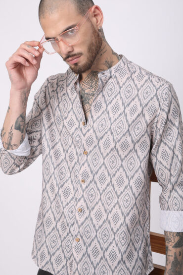 Multicolour Ikat Printed Mandarin Collar Shirt