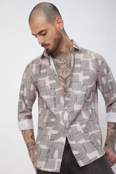 Beige & Navy Abstract Printed Shirt