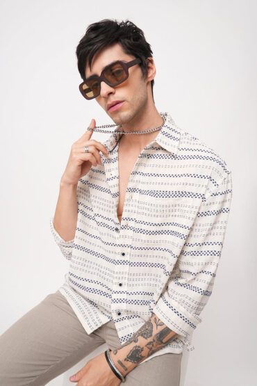 Refined Blue Striped Embroidered Boxy Fit Crop Shirt