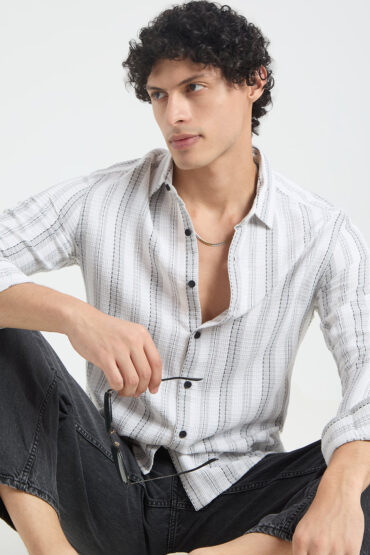 Grey & White Dobby Striped Shirt