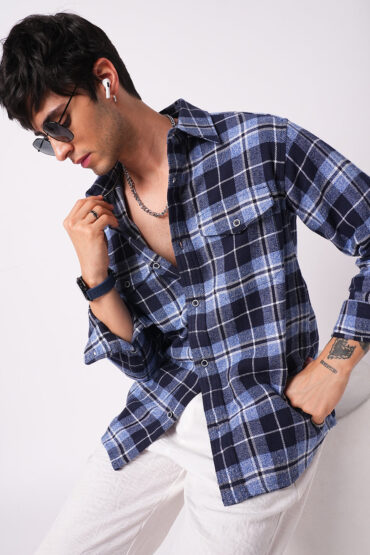 Blue Tartan Checkered Double Pocket Flannel Overshirt
