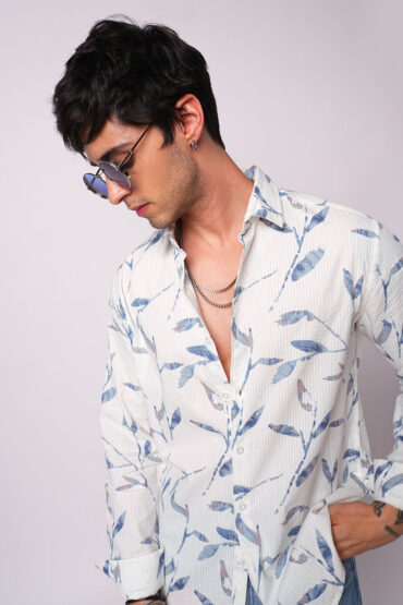 White Arctic Bloom Leaf Printed Seersucker Shirt