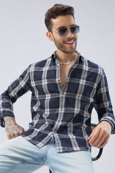 Graphite Blue Contrast Stitch Multi-Check Jacquard Shirt