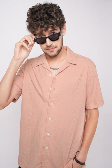 Intricate Apricot Embroidered Notch Collar Oversized Shirt