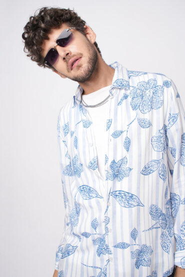 White & Blue Striped Floral Printed Shirt