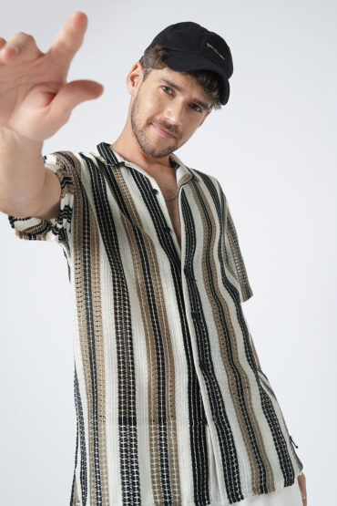 White Boho Weave Striped Crochet Oversized Shirt