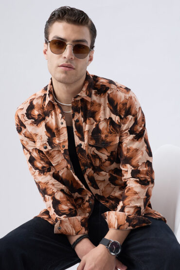Burnt Orange Floral Printed Double Pocket Corduroy Shirt