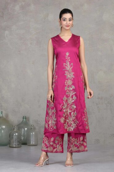 Magenta Floral Embroidered A-Line Co-ord Set