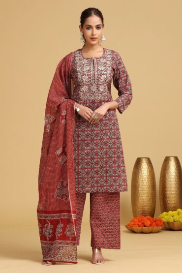 Maroon Embroidered Straight Cotton Ethnic Set