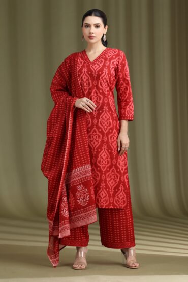 Maroon Printed Ethnic Cotton Ethnic Set