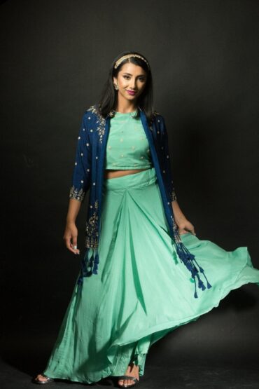 Mint Green Skirt and Crop Top Set with Embroidered Jacket