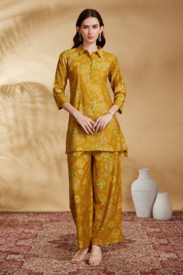 Mustard Viscose Printed Straight Kurta Pant Co ord Set