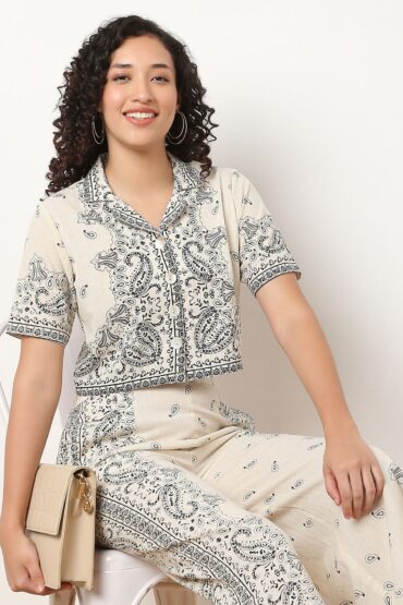 Printed Lapel Collar Crop Shirt