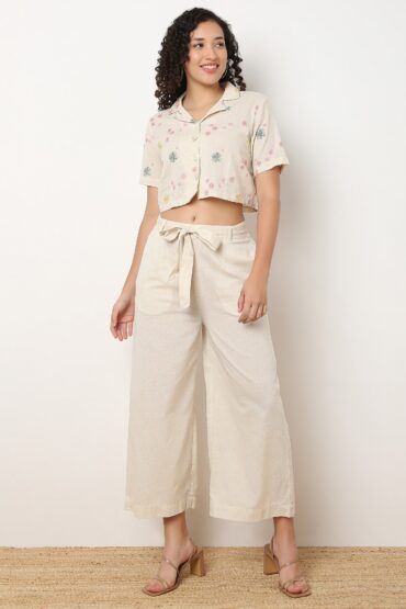 Printed Lapel Collar Crop Shirt