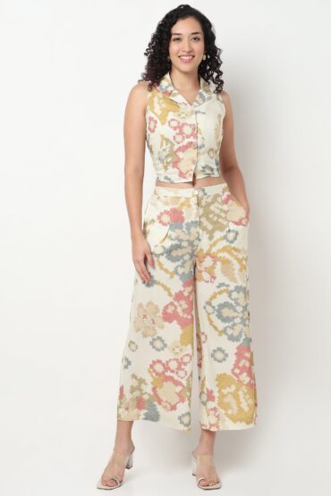 Printed Lapel Collar Crop Top