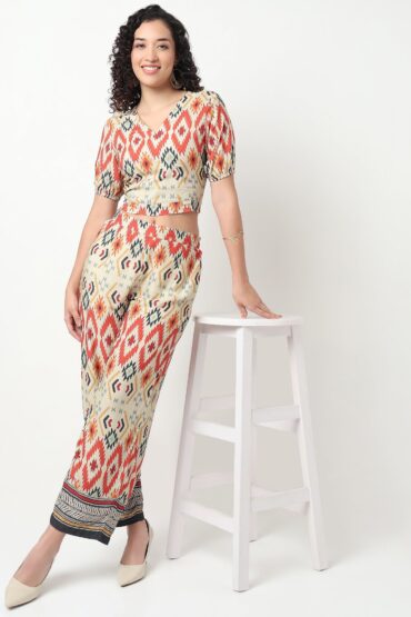 Printed V-Neck Crop Top with Waist Tie-Up