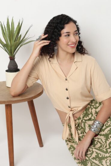 Tie-Up Crop Top with Lapel Collar