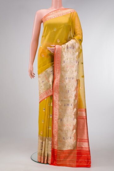 Yellow Banarasi Kora Silk Saree