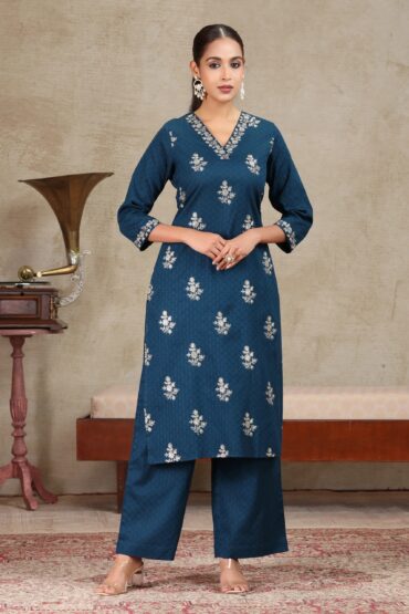 Navy Blue Embroidered Straight Co-ord Set