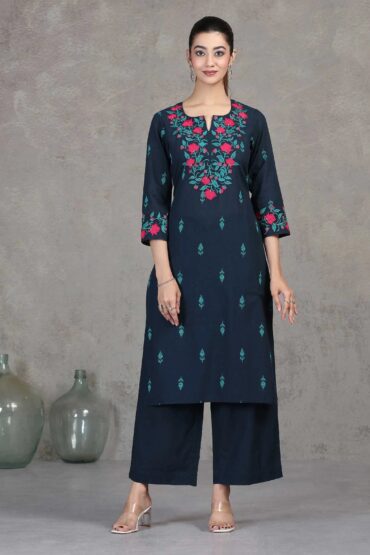Navy Blue Embroidered Straight Cotton Co-ord Set