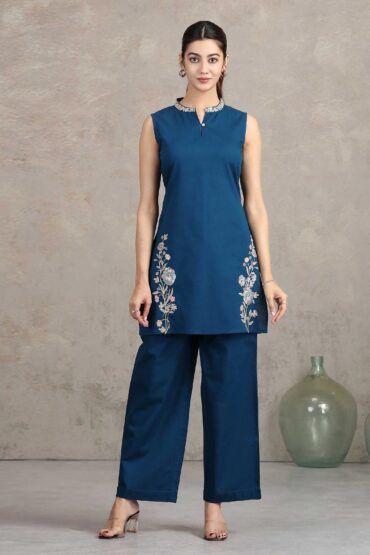 Navy Blue Floral Embroidered Straight Cotton Co-ord Set
