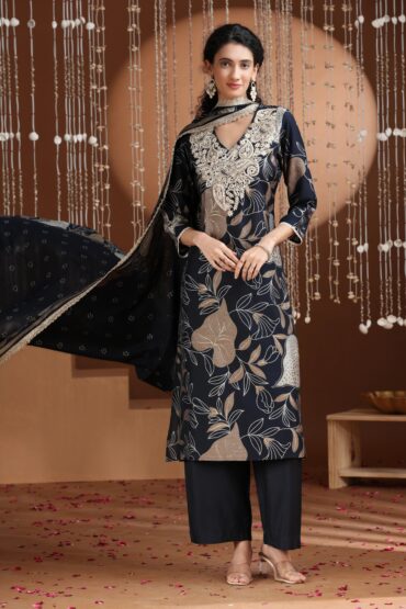 Navy Blue Floral Embroidered Straight Ethnic Set