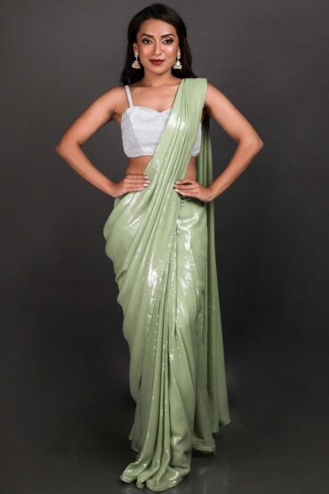 Halena Pastel Light Green Viscose Georgette Water Sequins Aentic Saree