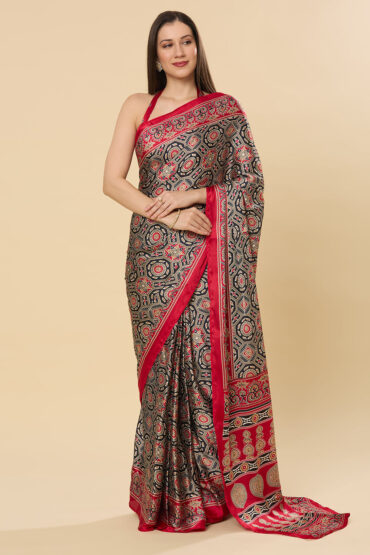 Zoya Ajrakh Red Satin Crepe Printed Aentic Saree
