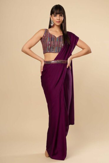 Bianca Burgundy Silk Aentic Saree Set with Shimmer Blouse