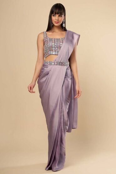 Neri Violet Grey Silk Aentic Saree Set with Shimmer Blouse & Belt