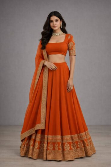 Ria Rust Orange Zari & Sequin Embroidered Faux Georgette Lehenga Saree
