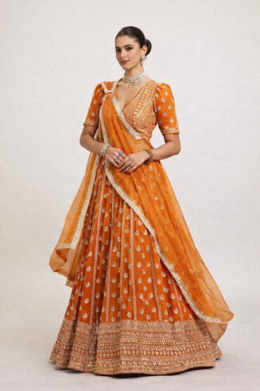 Olsa Orange Sequin & Zari Embroidered Faux Georgette Lehenga Saree