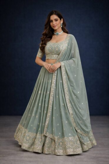 Sienna Sage Green Zari & Sequin Embroidered Faux Georgette Lehenga Saree