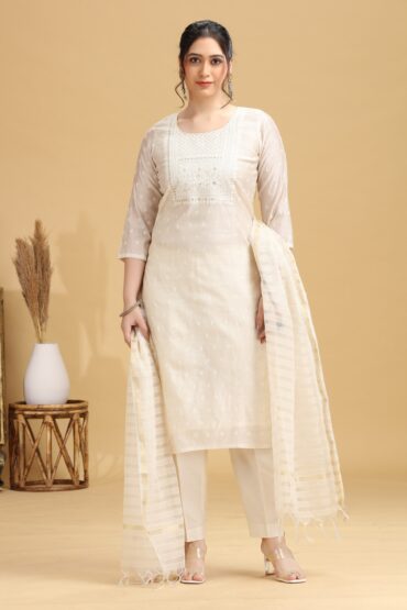 Off White Embroidered Straight Ethnic Set