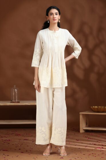 Off White Floral Embroidered A-Line Cotton Co-ord Set