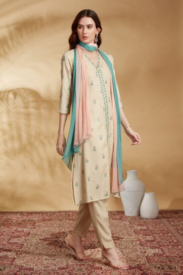 Off White Rayon Embroidered Straight Kurta Pant and Dupatta Suit Set