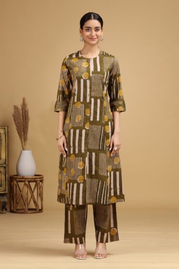 Olive Abstract Printed Straight Co-ord Set