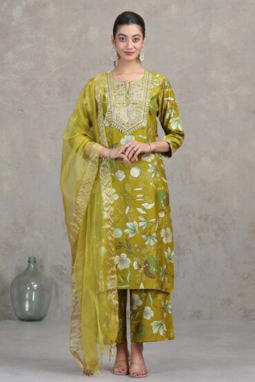 Olive Green Floral Embroidered Straight Ethnic Set